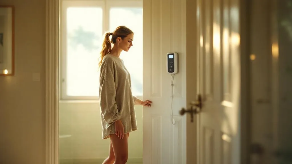 A woman looking thoughtfully at a bathroom scale in soft morning light, representing the limits of what a scale can tell you about body composition.